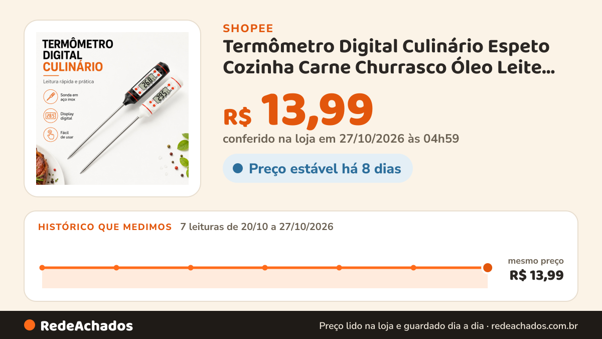 Histórico de preço de Termômetro Digital Culinário Espeto Cozinha Carne Churrasco Óleo Leite Preto Branco na Shopee: 7 leituras de 20/10/2026 a 27/10/2026, mesmo preço, R$ 13,99, em todas; R$ 13,99 conferido em 27/10/2026 às 04h59
