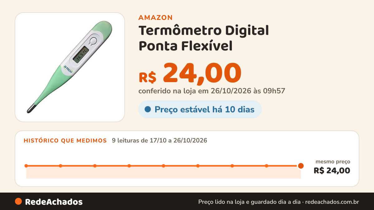 Histórico de preço de Termômetro Digital Ponta Flexível - G-Tech Sortido na Amazon: 9 leituras de 17/10/2026 a 26/10/2026, mesmo preço, R$ 24,00, em todas; R$ 24,00 conferido em 26/10/2026 às 09h57