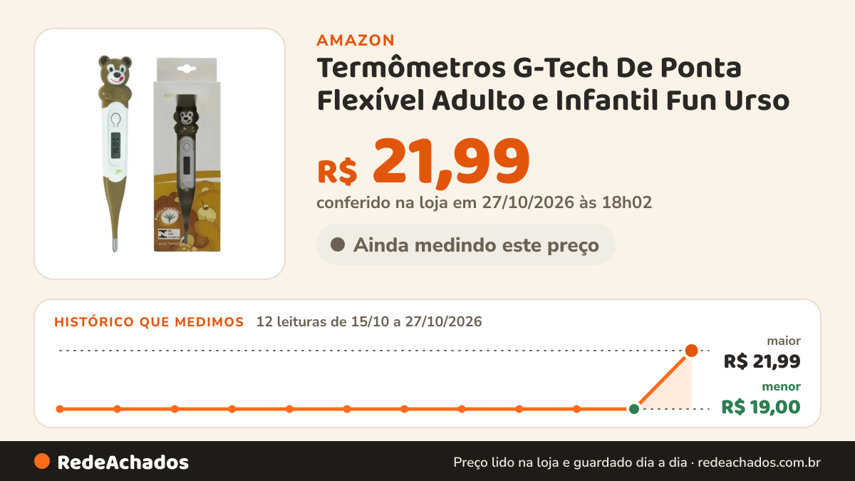 Histórico de preço de Termômetros G-Tech De Ponta Flexível Adulto e Infantil Fun Urso na Amazon: 11 leituras de 15/10/2026 a 26/10/2026, mesmo preço, R$ 19,00, em todas; R$ 19,00 conferido em 26/10/2026 às 09h57