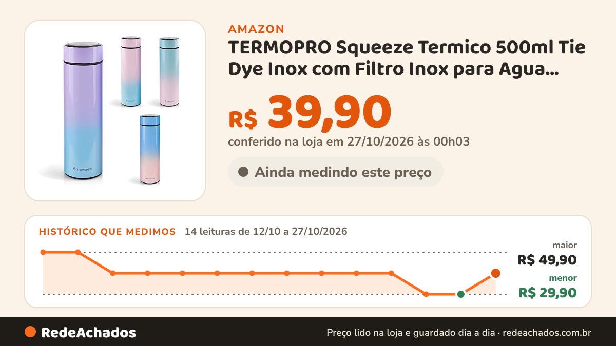 Histórico de preço de TERMOPRO Squeeze Termico 500ml Tie Dye Inox com Filtro Inox para Agua Suco Cha Cafe Tampa… na Amazon: 14 leituras de 12/10/2026 a 27/10/2026, menor R$ 29,90, maior R$ 49,90; R$ 39,90 conferido em 27/10/2026 às 00h03