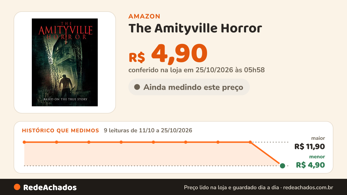 Histórico de preço de The Amityville Horror na Amazon: 9 leituras de 11/10/2026 a 25/10/2026, menor R$ 4,90, maior R$ 11,90; R$ 4,90 conferido em 25/10/2026 às 05h58