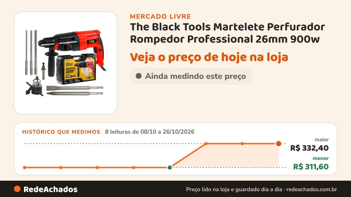 Histórico de preço de The Black Tools Martelete Perfurador Rompedor Professional 26mm 900w no Mercado Livre: 8 leituras de 08/10/2026 a 26/10/2026, menor R$ 311,60, maior R$ 332,40; R$ 332,40 conferido em 26/10/2026 às 12h01