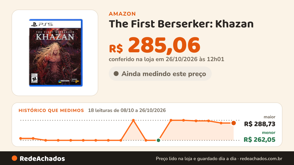 Histórico de preço de The First Berserker: Khazan - Play Station 5 na Amazon: 17 leituras de 08/10/2026 a 25/10/2026, menor R$ 262,05, maior R$ 288,73; R$ 285,06 conferido em 25/10/2026 às 05h58