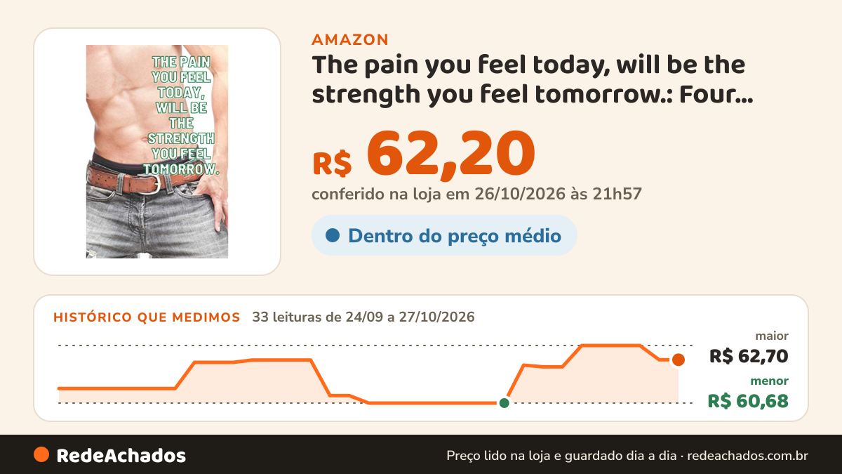 Histórico de preço de The pain you feel today, will be the strength you feel tomorrow.: Four months fitness… na Amazon: 33 leituras de 24/09/2026 a 27/10/2026, menor R$ 60,68, maior R$ 62,70; R$ 62,20 conferido em 26/10/2026 às 21h57