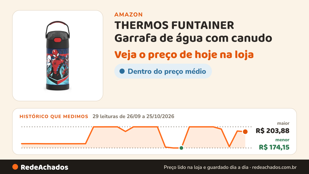 Histórico de preço de THERMOS FUNTAINER Garrafa de água com canudo - 340 g - Garrafa de água infantil isolada a… na Amazon: 29 leituras de 26/09/2026 a 25/10/2026, menor R$ 174,15, maior R$ 203,88