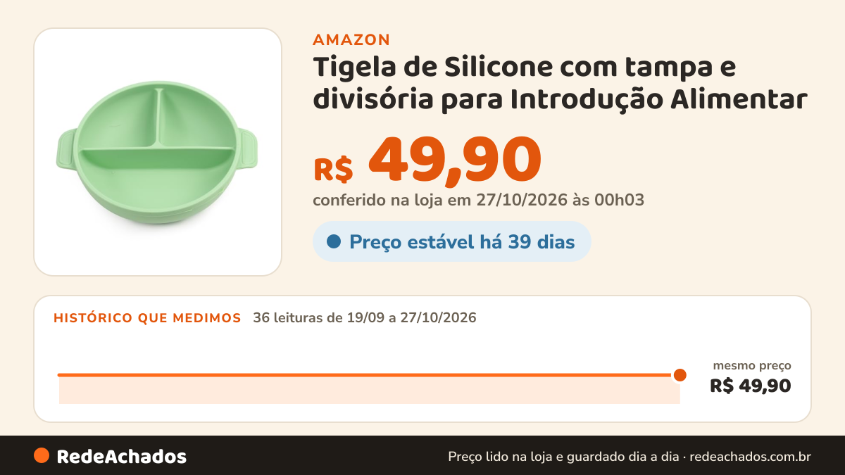 Histórico de preço de Tigela de Silicone com tampa e divisória para Introdução Alimentar - Verde com Ventosa… na Amazon: 36 leituras de 19/09/2026 a 27/10/2026, mesmo preço, R$ 49,90, em todas; R$ 49,90 conferido em 27/10/2026 às 00h03