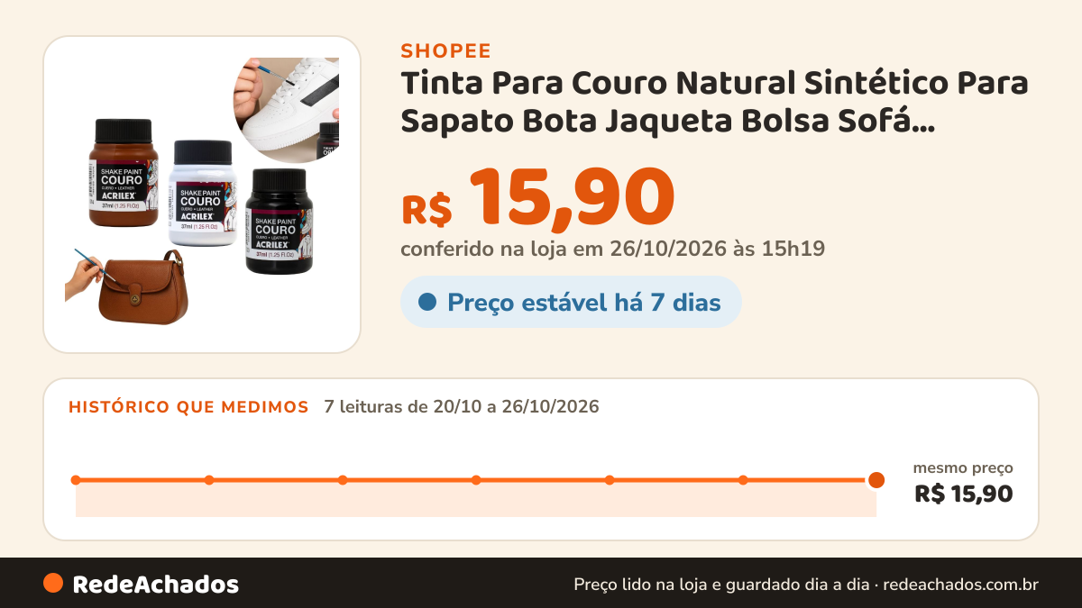 Histórico de preço de Tinta Para Couro Natural Sintético Para Sapato Bota Jaqueta Bolsa Sofá Restauração… na Shopee: 7 leituras de 20/10/2026 a 26/10/2026, mesmo preço, R$ 15,90, em todas; R$ 15,90 conferido em 26/10/2026 às 15h19