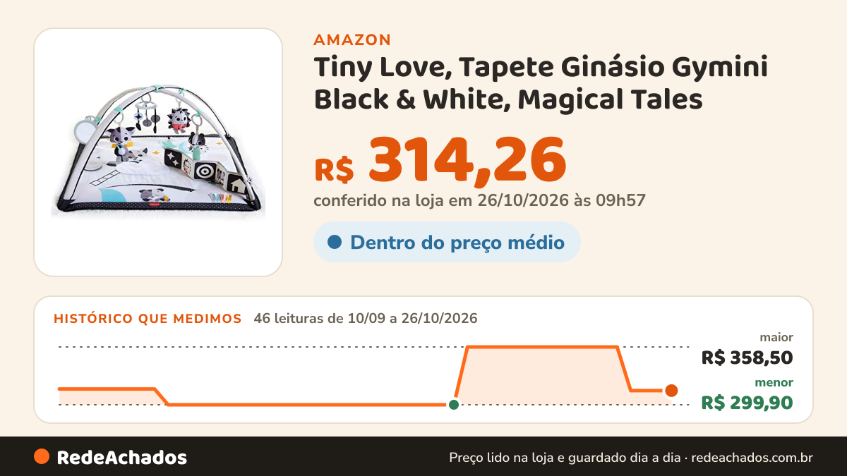 Histórico de preço de Tiny Love, Tapete Ginásio Gymini Black & White, Magical Tales na Amazon: 46 leituras de 10/09/2026 a 26/10/2026, menor R$ 299,90, maior R$ 358,50; R$ 314,26 conferido em 26/10/2026 às 09h57