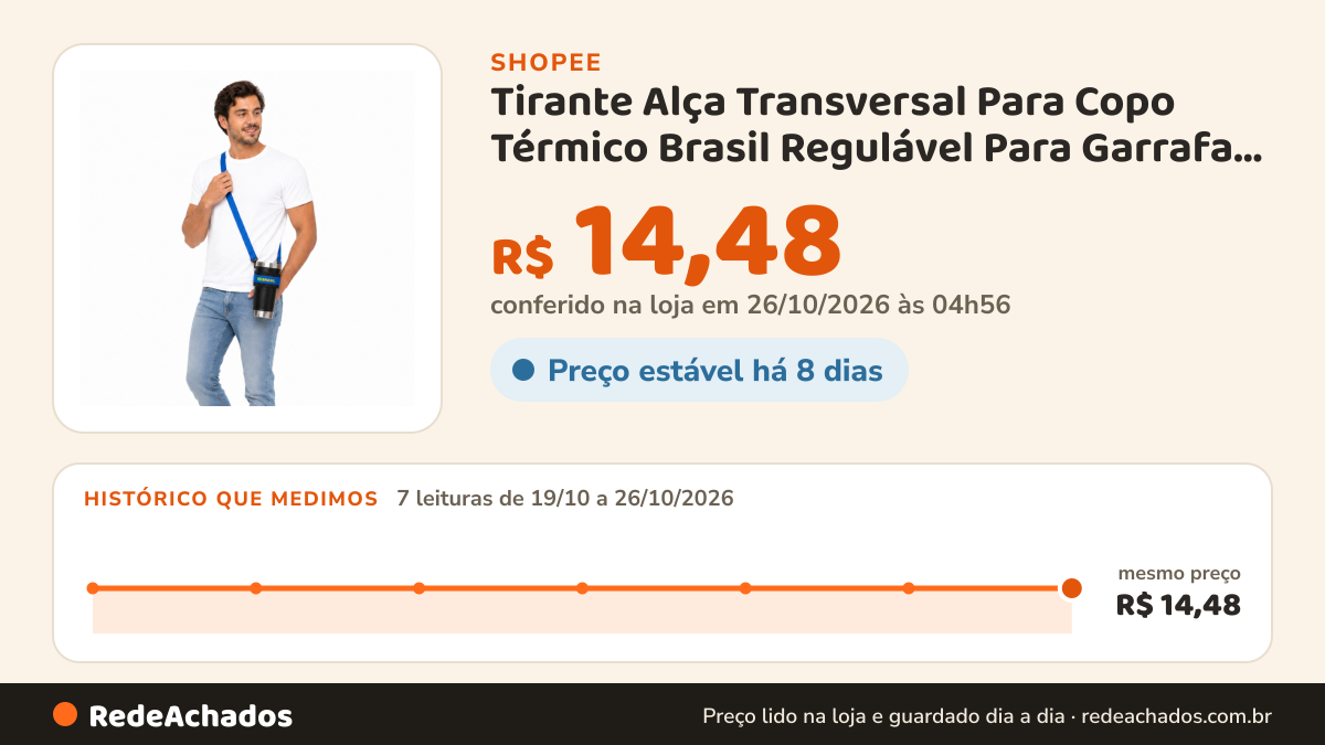 Histórico de preço de Tirante Alça Transversal Para Copo Térmico Brasil Regulável Para Garrafa Térmica Seguro na Shopee: 7 leituras de 19/10/2026 a 26/10/2026, mesmo preço, R$ 14,48, em todas; R$ 14,48 conferido em 26/10/2026 às 04h56