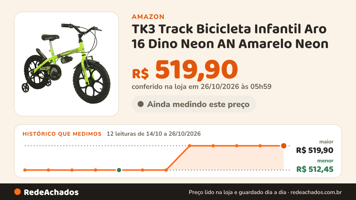 Histórico de preço de TK3 Track Bicicleta Infantil Aro 16 Dino Neon AN Amarelo Neon na Amazon: 12 leituras de 14/10/2026 a 26/10/2026, menor R$ 512,45, maior R$ 519,90; R$ 519,90 conferido em 26/10/2026 às 05h59