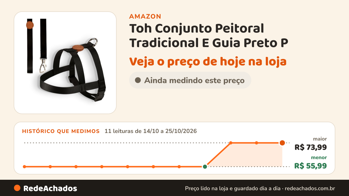 Histórico de preço de Toh Conjunto Peitoral Tradicional E Guia Preto P na Amazon: 11 leituras de 14/10/2026 a 25/10/2026, menor R$ 55,99, maior R$ 73,99