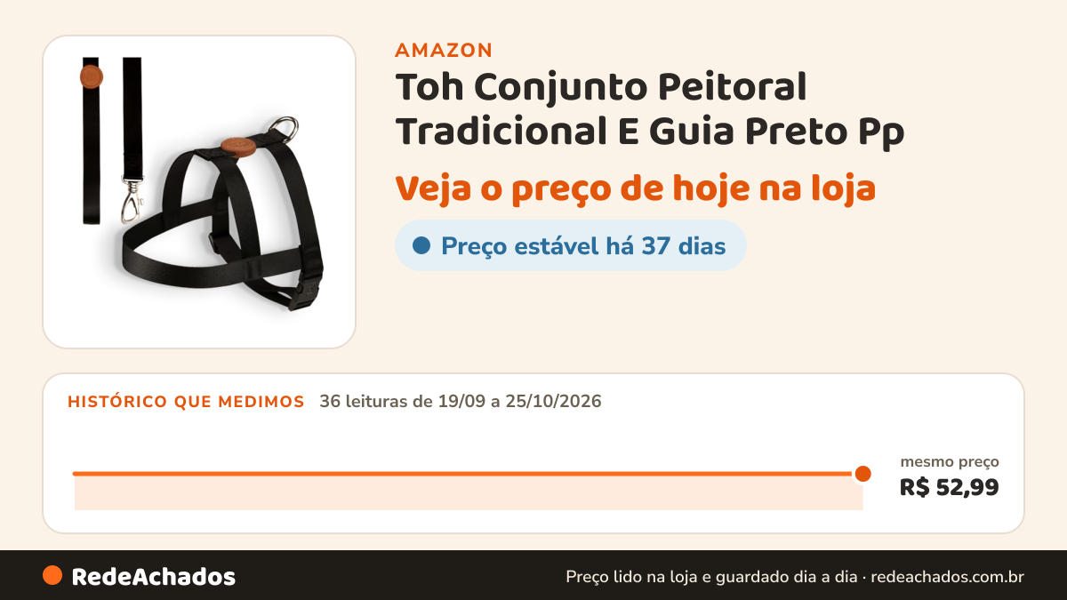 Histórico de preço de Toh Conjunto Peitoral Tradicional E Guia Preto Pp na Amazon: 36 leituras de 19/09/2026 a 25/10/2026, mesmo preço, R$ 52,99, em todas