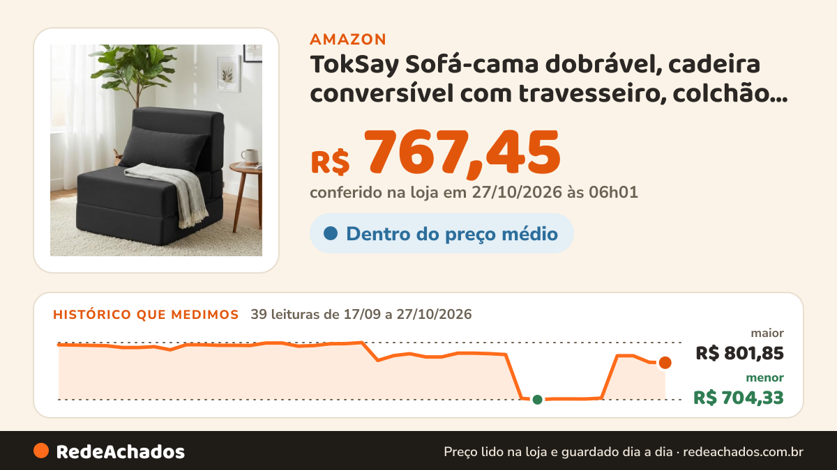 Histórico de preço de TokSay Sofá-cama dobrável, cadeira conversível com travesseiro, colchão dobrável e suporte… na Amazon: 39 leituras de 17/09/2026 a 27/10/2026, menor R$ 704,33, maior R$ 801,85; R$ 767,45 conferido em 27/10/2026 às 06h01