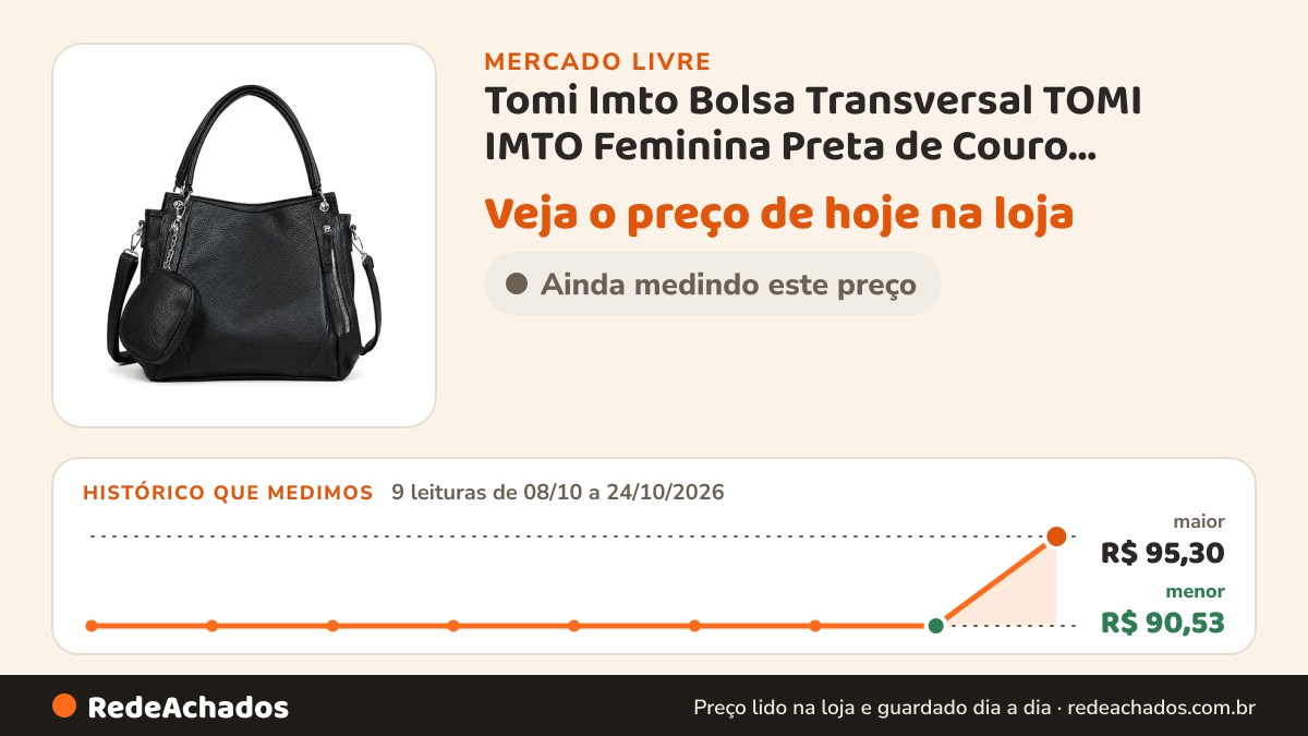 Histórico de preço de Tomi Imto Bolsa Transversal TOMI IMTO Feminina Preta de Couro Sintético com Alça no Mercado Livre: 9 leituras de 08/10/2026 a 24/10/2026, menor R$ 90,53, maior R$ 95,30