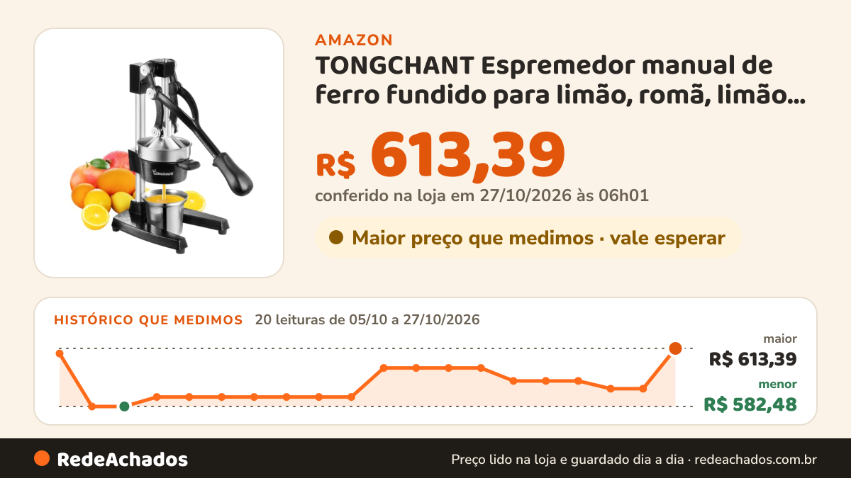 Histórico de preço de TONGCHANT Espremedor manual de ferro fundido para limão, romã, limão, frutas cítricas com… na Amazon: 19 leituras de 05/10/2026 a 25/10/2026, menor R$ 582,48, maior R$ 610,66