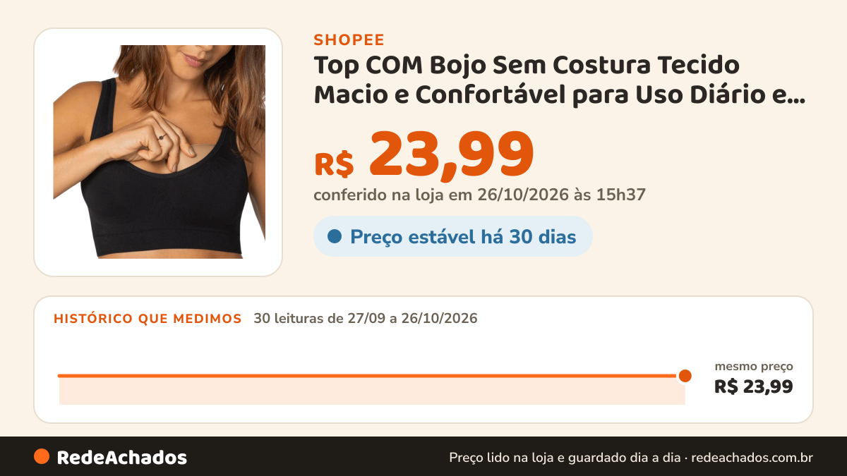 Histórico de preço de Top COM Bojo Sem Costura Tecido Macio e Confortável para Uso Diário e Exercícios na Shopee: 30 leituras de 27/09/2026 a 26/10/2026, mesmo preço, R$ 23,99, em todas; R$ 23,99 conferido em 26/10/2026 às 15h37