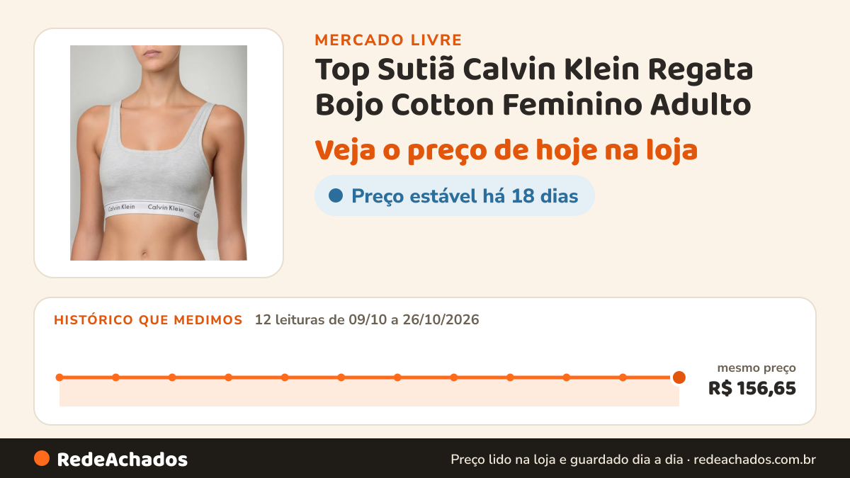 Histórico de preço de Top Sutiã Calvin Klein Regata Bojo Cotton Feminino Adulto no Mercado Livre: 12 leituras de 09/10/2026 a 26/10/2026, mesmo preço, R$ 156,65, em todas