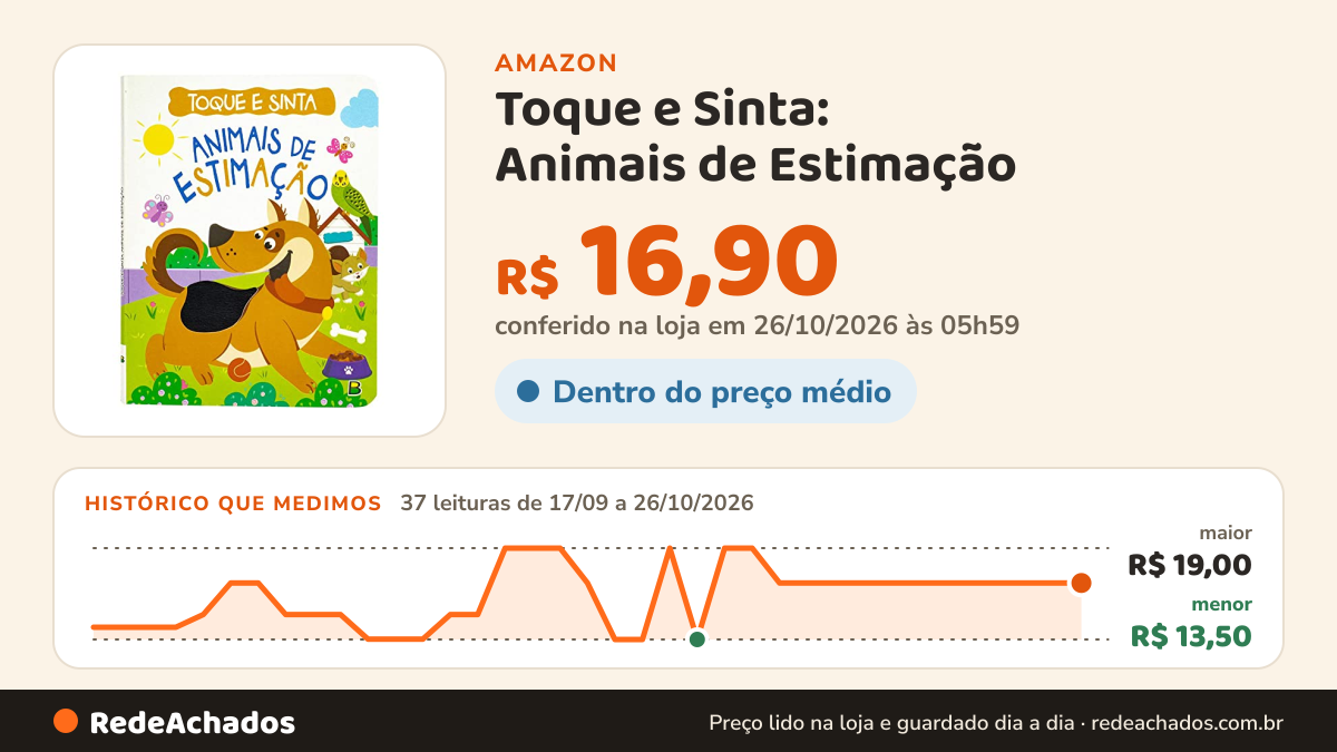 Histórico de preço de Toque e Sinta: Animais de Estimação na Amazon: 37 leituras de 17/09/2026 a 26/10/2026, menor R$ 13,50, maior R$ 19,00; R$ 16,90 conferido em 26/10/2026 às 05h59