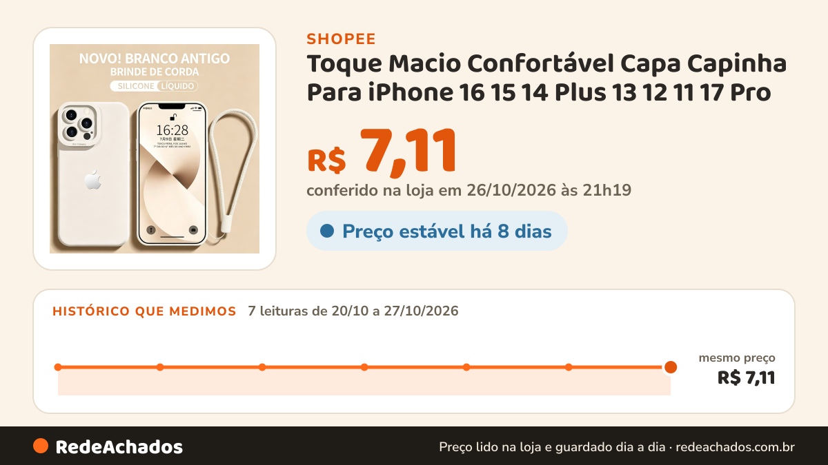 Histórico de preço de Toque Macio Confortável Capa Capinha Para iPhone 16 15 14 Plus 13 12 11 17 Pro XS Max XR 7… na Shopee: 7 leituras de 20/10/2026 a 27/10/2026, mesmo preço, R$ 7,11, em todas; R$ 7,11 conferido em 26/10/2026 às 21h19