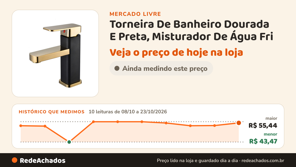 Histórico de preço de Torneira De Banheiro Dourada E Preta, Misturador De Água Fri no Mercado Livre: 10 leituras de 08/10/2026 a 23/10/2026, menor R$ 43,47, maior R$ 55,44