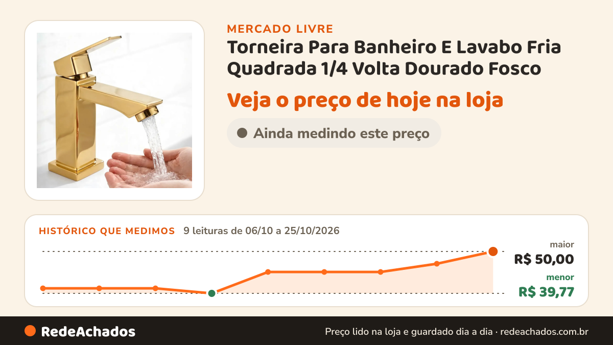 Histórico de preço de Torneira Para Banheiro E Lavabo Fria Quadrada 1/4 Volta Dourado Fosco no Mercado Livre: 9 leituras de 06/10/2026 a 25/10/2026, menor R$ 39,77, maior R$ 50,00