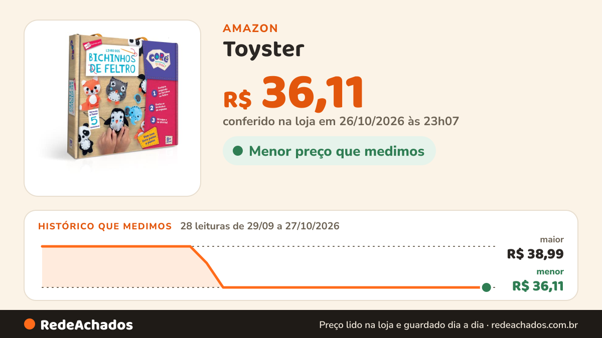 Histórico de preço de Toyster - Coleção Fazendo Arte: Livro dos Bichinhos de Feltro - Coré na Amazon: 27 leituras de 29/09/2026 a 25/10/2026, menor R$ 36,11, maior R$ 38,99; R$ 36,11 conferido em 25/10/2026 às 05h59
