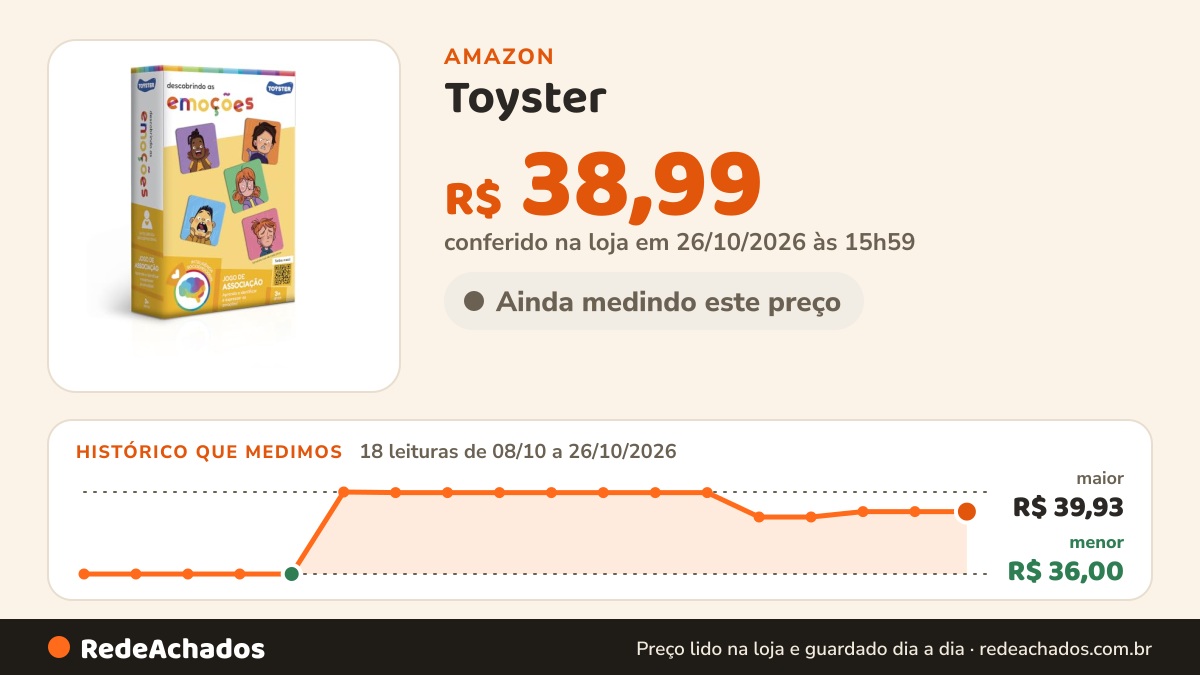 Histórico de preço de Toyster - Jogo Educativo: Descobrindo as Emoções, 3+ Anos na Amazon: 17 leituras de 08/10/2026 a 25/10/2026, menor R$ 36,00, maior R$ 39,93; R$ 38,99 conferido em 25/10/2026 às 17h59
