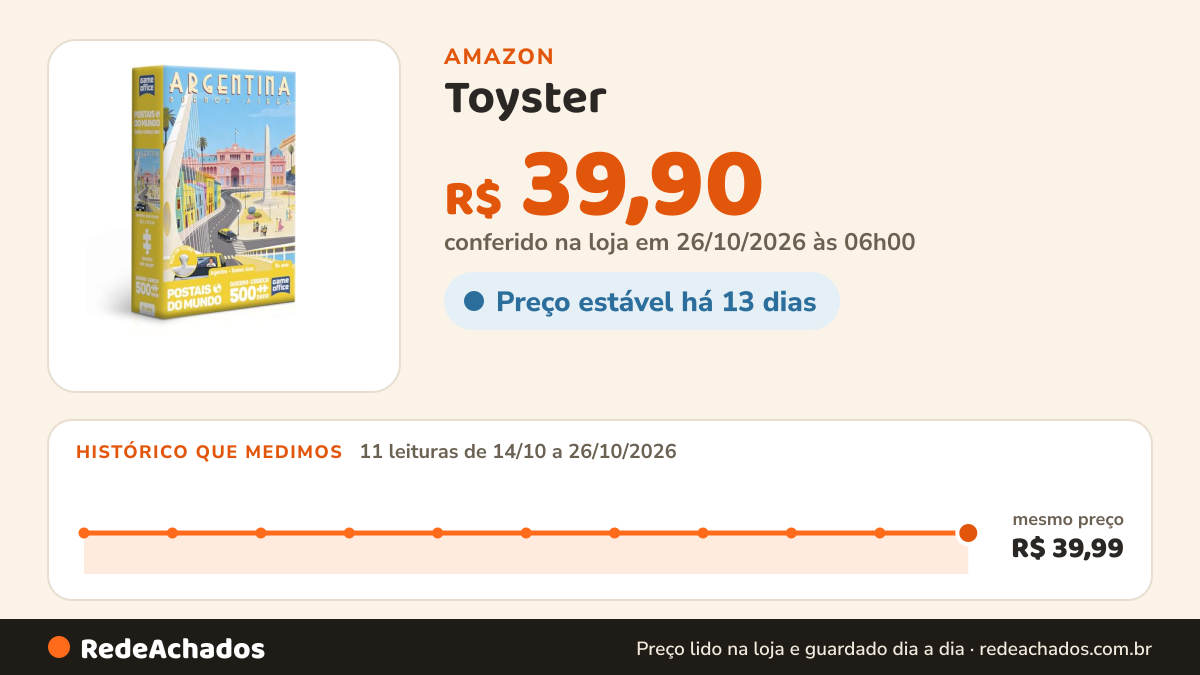 Histórico de preço de Toyster - Postais do Mundo: Argentina - Quebra-cabeça Nano 500 Peças - Game Office na Amazon: 11 leituras de 14/10/2026 a 26/10/2026, mesmo preço, R$ 39,99, em todas; R$ 39,90 conferido em 26/10/2026 às 06h00