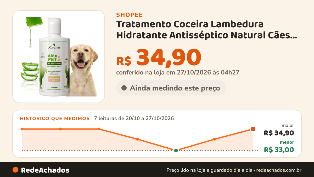 Histórico de preço de Tratamento Coceira Lambedura Hidratante Antisséptico Natural Cães Pata Focinho e Pelo 200g… na Shopee: 7 leituras de 20/10/2026 a 27/10/2026, menor R$ 33,00, maior R$ 34,90; R$ 34,90 conferido em 27/10/2026 às 04h27