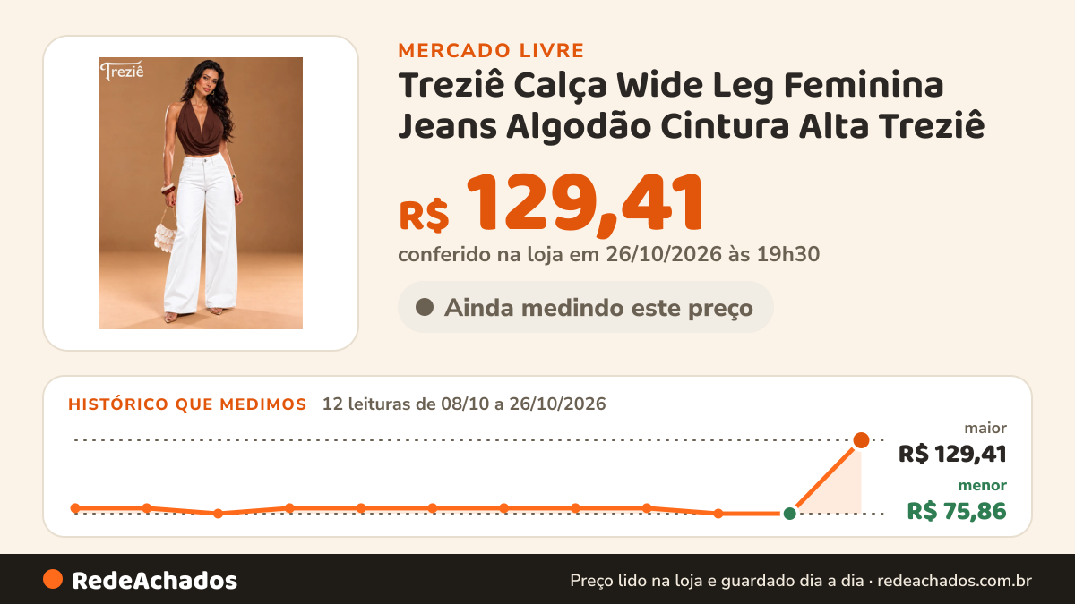 Histórico de preço de Treziê Calça Wide Leg Feminina Jeans Algodão Cintura Alta Treziê no Mercado Livre: 12 leituras de 08/10/2026 a 26/10/2026, menor R$ 75,86, maior R$ 129,41; R$ 129,41 conferido em 26/10/2026 às 19h30