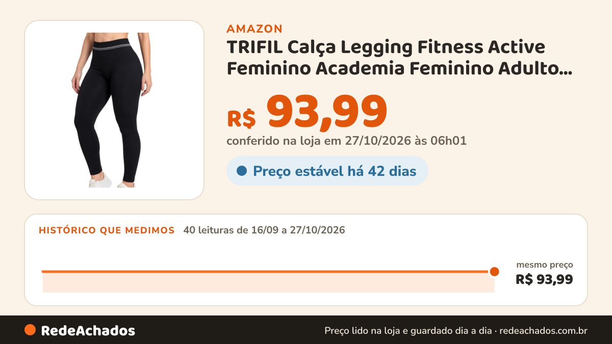 Histórico de preço de TRIFIL Calça Legging Fitness Active Feminino Academia Feminino Adulto, Preto, G na Amazon: 40 leituras de 16/09/2026 a 27/10/2026, mesmo preço, R$ 93,99, em todas; R$ 93,99 conferido em 27/10/2026 às 06h01