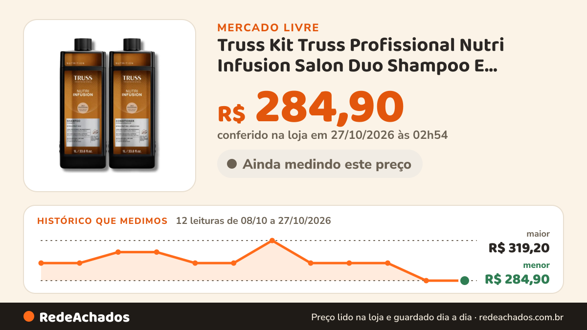 Histórico de preço de Truss Kit Truss Profissional Nutri Infusion Salon Duo Shampoo E Condicionador 1 L no Mercado Livre: 12 leituras de 08/10/2026 a 27/10/2026, menor R$ 284,90, maior R$ 319,20; R$ 284,90 conferido em 27/10/2026 às 02h54