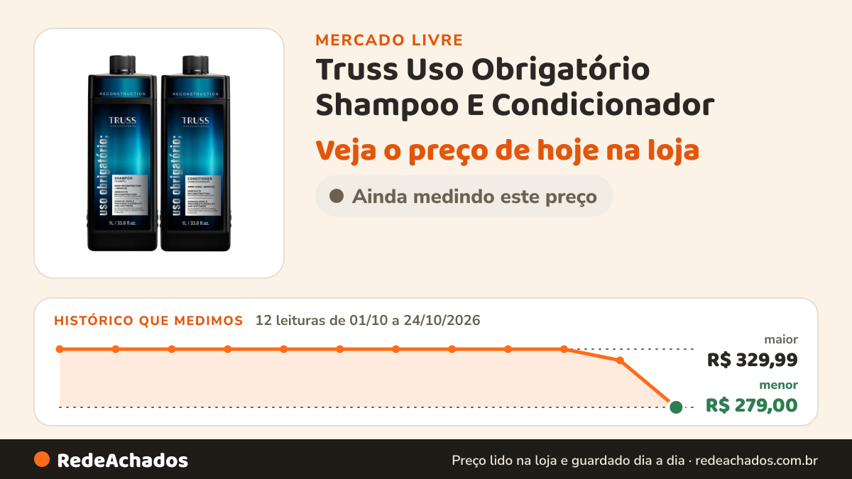 Histórico de preço de Truss Uso Obrigatório Shampoo E Condicionador - 2 L no Mercado Livre: 12 leituras de 01/10/2026 a 24/10/2026, menor R$ 279,00, maior R$ 329,99