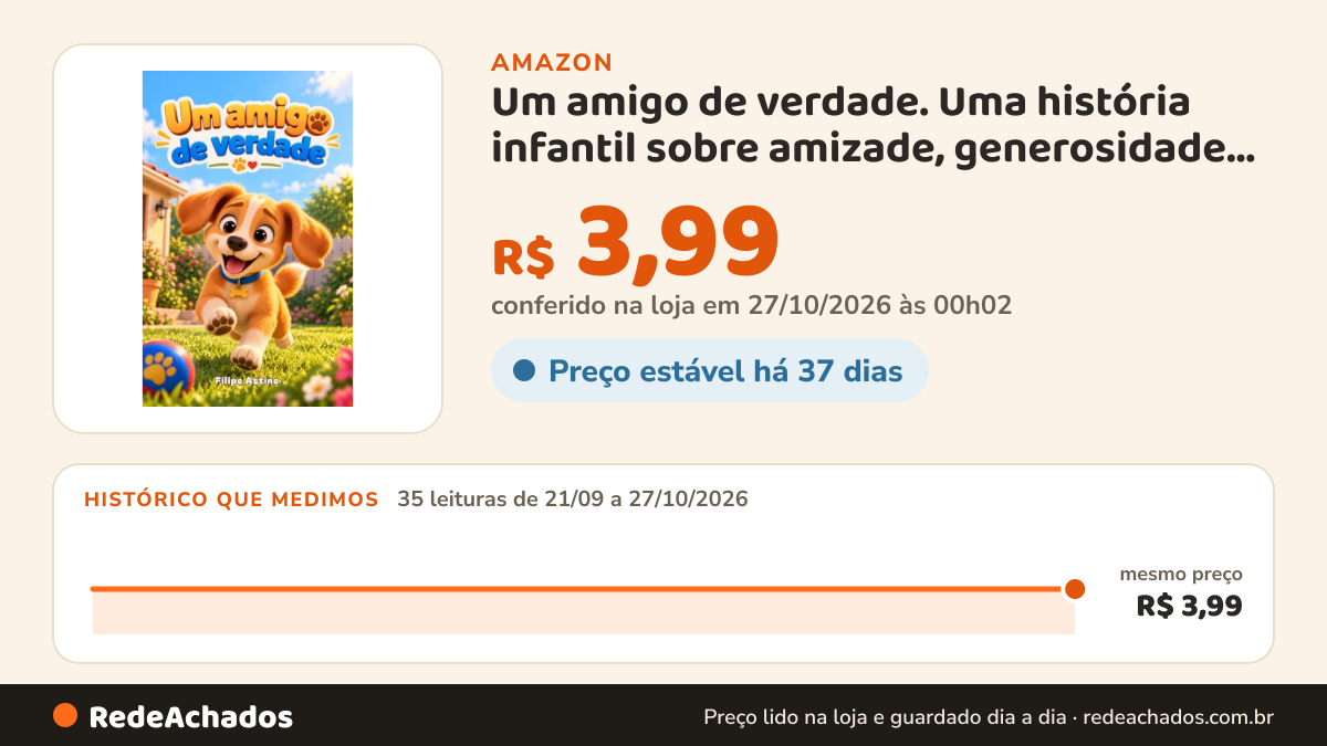 Histórico de preço de Um amigo de verdade. Uma história infantil sobre amizade, generosidade e companheirismo… na Amazon: 35 leituras de 21/09/2026 a 27/10/2026, mesmo preço, R$ 3,99, em todas; R$ 3,99 conferido em 27/10/2026 às 00h02