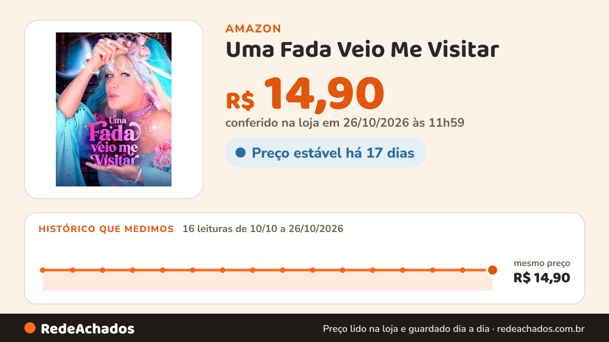 Histórico de preço de Uma Fada Veio Me Visitar na Amazon: 16 leituras de 10/10/2026 a 26/10/2026, mesmo preço, R$ 14,90, em todas; R$ 14,90 conferido em 26/10/2026 às 11h59