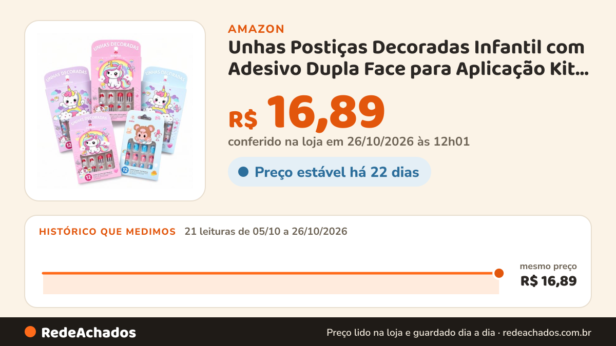 Histórico de preço de Unhas Postiças Decoradas Infantil com Adesivo Dupla Face para Aplicação Kit com 12 Unhas… na Amazon: 21 leituras de 05/10/2026 a 26/10/2026, mesmo preço, R$ 16,89, em todas; R$ 16,89 conferido em 26/10/2026 às 12h01