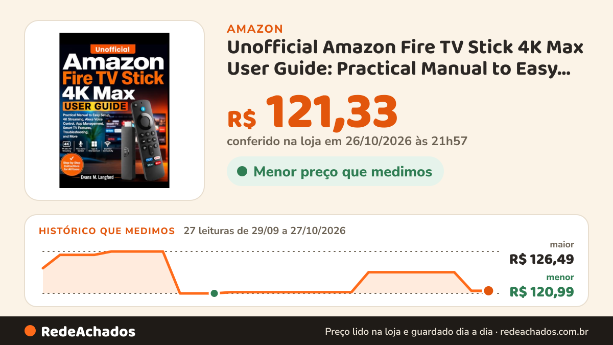 Histórico de preço de Unofficial Amazon Fire TV Stick 4K Max User Guide: Practical Manual to Easy Setup, 4K… na Amazon: 27 leituras de 29/09/2026 a 27/10/2026, menor R$ 120,99, maior R$ 126,49; R$ 121,33 conferido em 26/10/2026 às 21h57