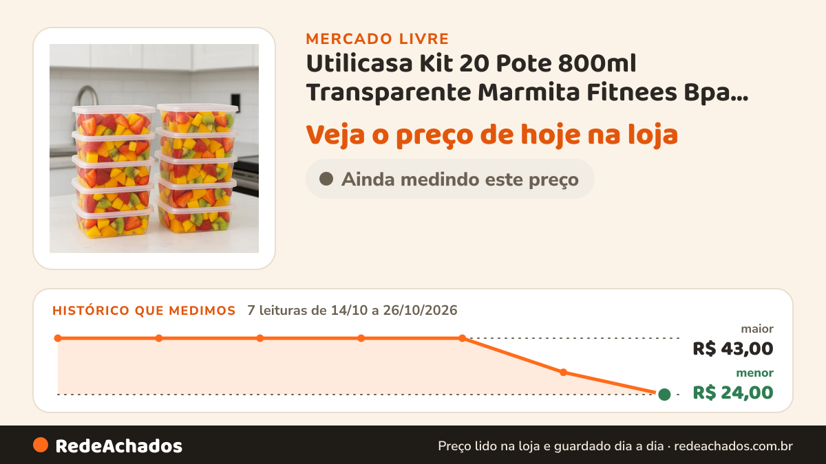 Histórico de preço de Utilicasa Kit 20 Pote 800ml Transparente Marmita Fitnees Bpa Free Transparente no Mercado Livre: 7 leituras de 14/10/2026 a 26/10/2026, menor R$ 24,00, maior R$ 43,00