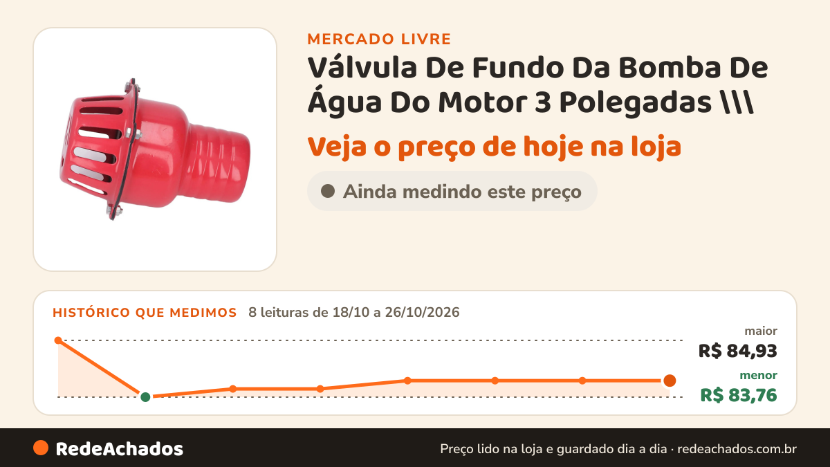 Histórico de preço de Válvula De Fundo Da Bomba De Água Do Motor 3 Polegadas \\\ no Mercado Livre: 8 leituras de 18/10/2026 a 26/10/2026, menor R$ 83,76, maior R$ 84,93
