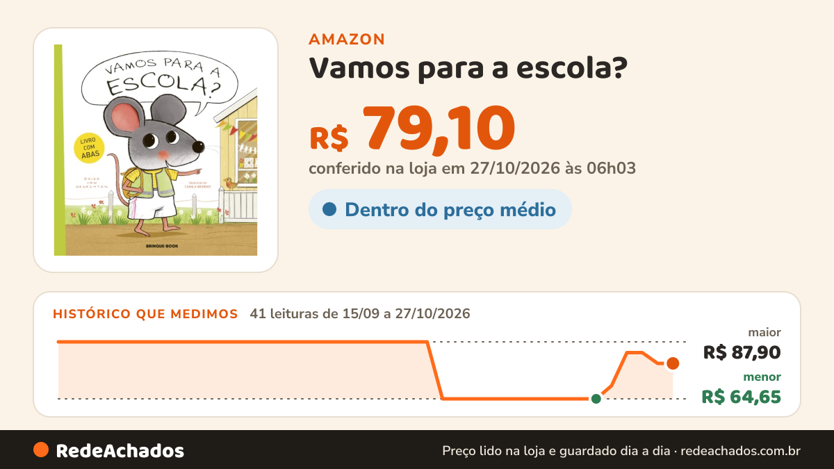 Histórico de preço de Vamos para a escola? na Amazon: 41 leituras de 15/09/2026 a 27/10/2026, menor R$ 64,65, maior R$ 87,90; R$ 79,10 conferido em 27/10/2026 às 06h03