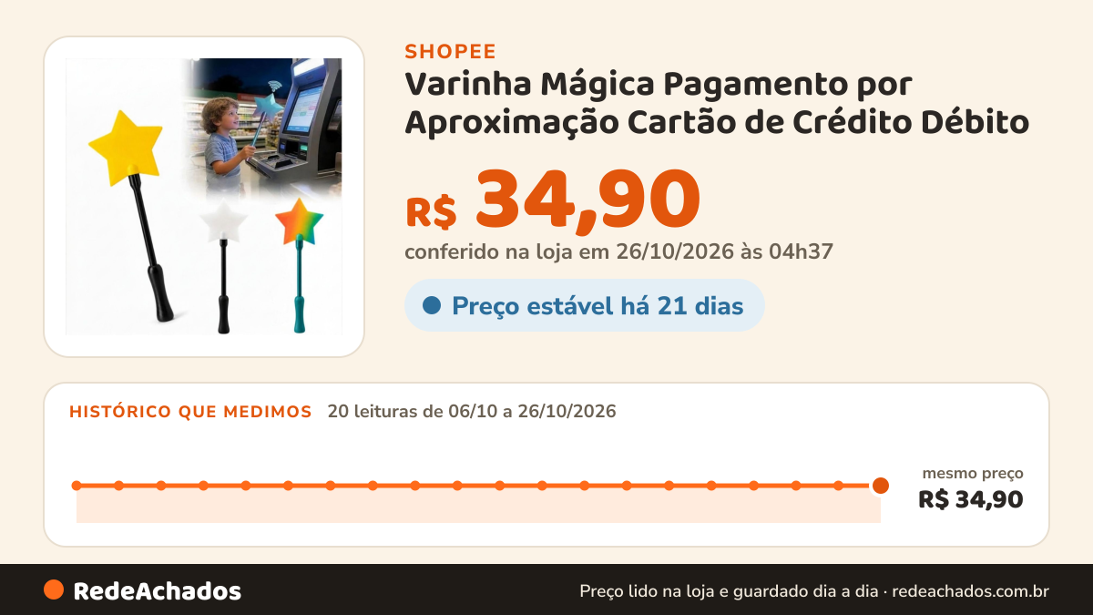 Histórico de preço de Varinha Mágica Pagamento por Aproximação Cartão de Crédito Débito na Shopee: 20 leituras de 06/10/2026 a 26/10/2026, mesmo preço, R$ 34,90, em todas; R$ 34,90 conferido em 26/10/2026 às 04h37