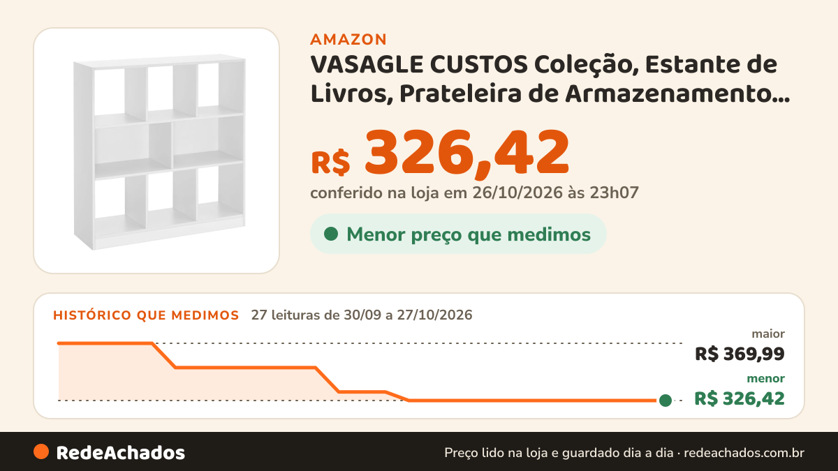 Histórico de preço de VASAGLE CUSTOS Coleção, Estante de Livros, Prateleira de Armazenamento com 8… na Amazon: 25 leituras de 30/09/2026 a 25/10/2026, menor R$ 326,42, maior R$ 369,99; R$ 326,42 conferido em 25/10/2026 às 05h59