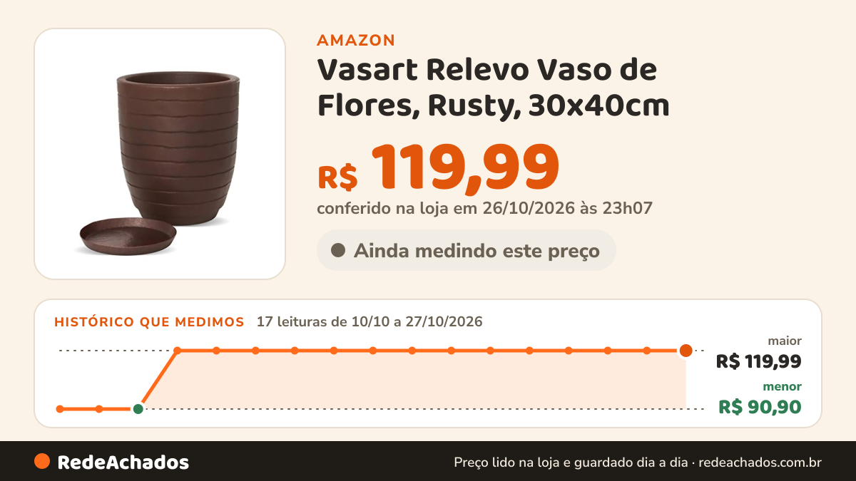 Histórico de preço de Vasart Relevo Vaso de Flores, Rusty, 30x40cm na Amazon: 15 leituras de 10/10/2026 a 25/10/2026, menor R$ 90,90, maior R$ 119,99; R$ 119,99 conferido em 25/10/2026 às 05h58