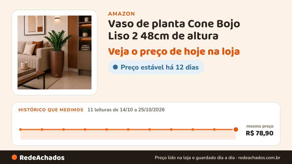 Histórico de preço de Vaso de planta Cone Bojo Liso 2 48cm de altura (Marrom) na Amazon: 11 leituras de 14/10/2026 a 25/10/2026, mesmo preço, R$ 78,90, em todas