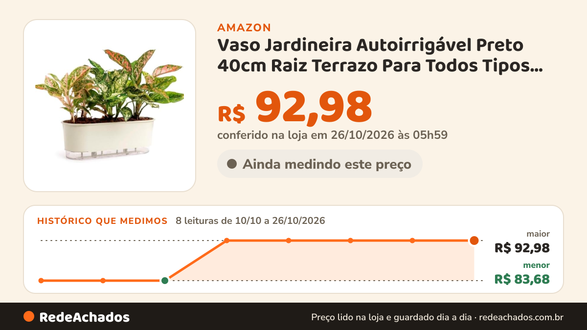 Histórico de preço de Vaso Jardineira Autoirrigável Preto 40cm Raiz Terrazo Para Todos Tipos de Plantas… na Amazon: 8 leituras de 10/10/2026 a 26/10/2026, menor R$ 83,68, maior R$ 92,98; R$ 92,98 conferido em 26/10/2026 às 05h59
