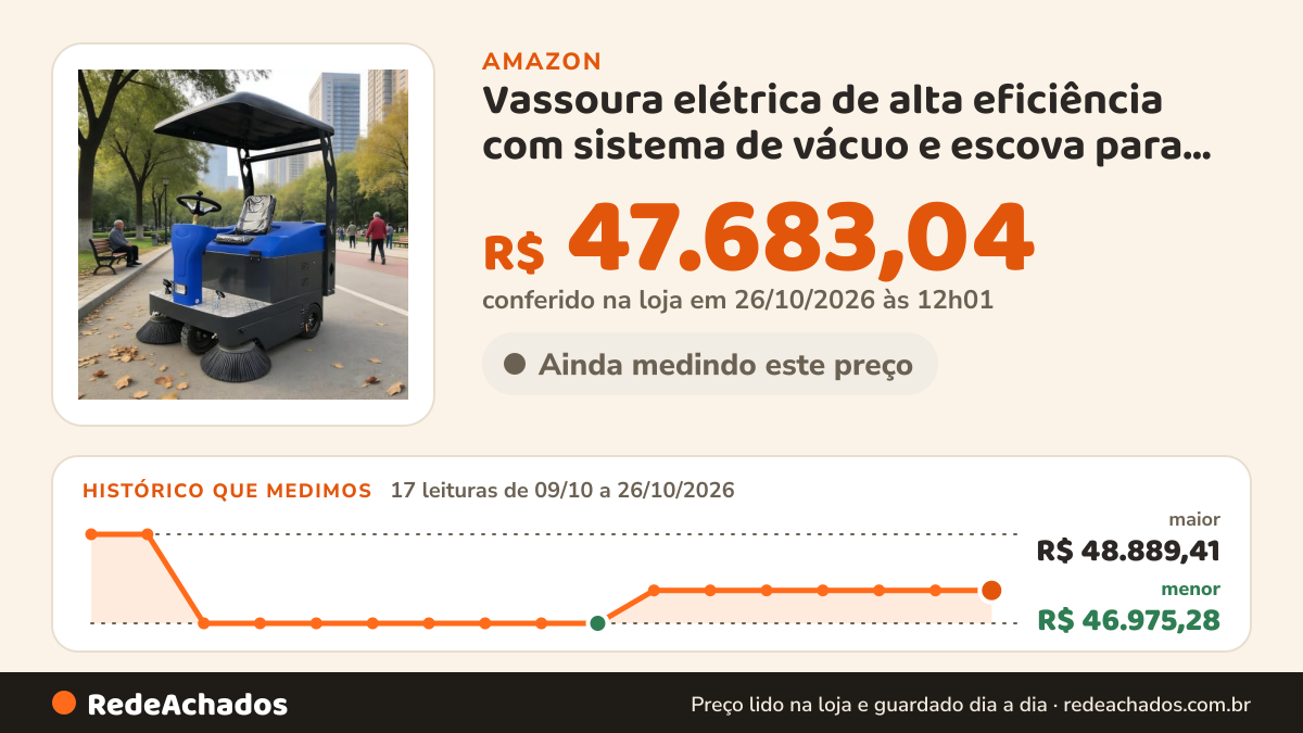 Histórico de preço de Vassoura elétrica de alta eficiência com sistema de vácuo e escova para limpeza de ruas… na Amazon: 17 leituras de 09/10/2026 a 26/10/2026, menor R$ 46.975,28, maior R$ 48.889,41; R$ 47.683,04 conferido em 26/10/2026 às 12h01