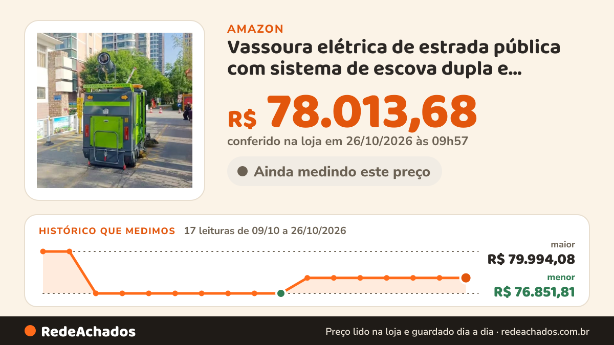 Histórico de preço de Vassoura elétrica de estrada pública com sistema de escova dupla e controle de poeira… na Amazon: 17 leituras de 09/10/2026 a 26/10/2026, menor R$ 76.851,81, maior R$ 79.994,08; R$ 78.013,68 conferido em 26/10/2026 às 09h57