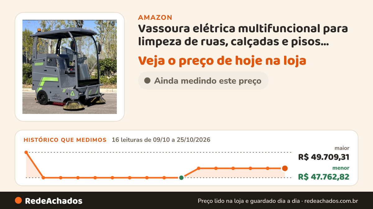 Histórico de preço de Vassoura elétrica multifuncional para limpeza de ruas, calçadas e pisos industriais… na Amazon: 16 leituras de 09/10/2026 a 25/10/2026, menor R$ 47.762,82, maior R$ 49.709,31