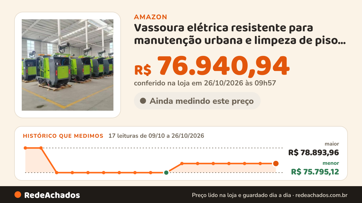 Histórico de preço de Vassoura elétrica resistente para manutenção urbana e limpeza de piso de fábrica com longo… na Amazon: 16 leituras de 09/10/2026 a 25/10/2026, menor R$ 75.795,12, maior R$ 78.893,96; R$ 76.940,94 conferido em 25/10/2026 às 05h58