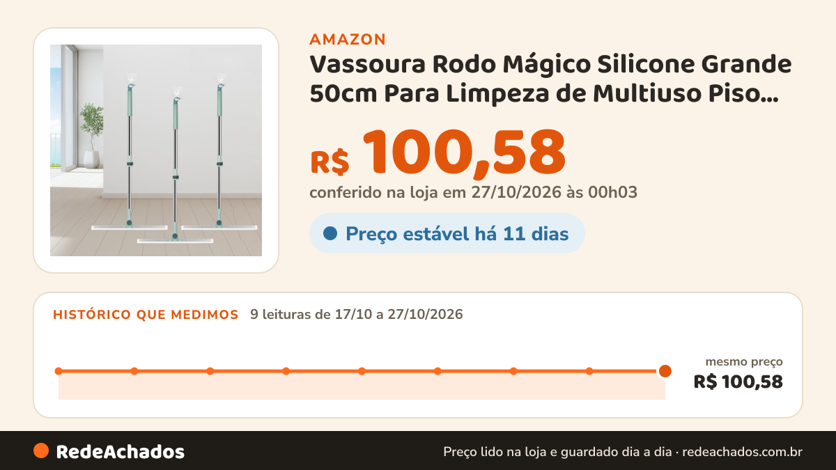 Histórico de preço de Vassoura Rodo Mágico Silicone Grande 50cm Para Limpeza de Multiuso Piso Vidros Com Gancho… na Amazon: 9 leituras de 17/10/2026 a 27/10/2026, mesmo preço, R$ 100,58, em todas; R$ 100,58 conferido em 27/10/2026 às 00h03